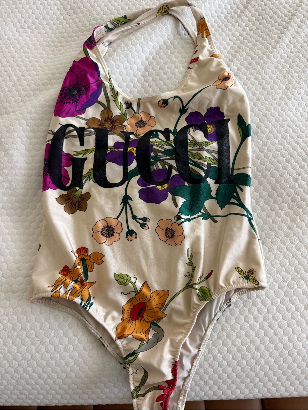 Gucci woman’s Floral Logo One-Piece Swimsuit in Cream with Multicolor Print